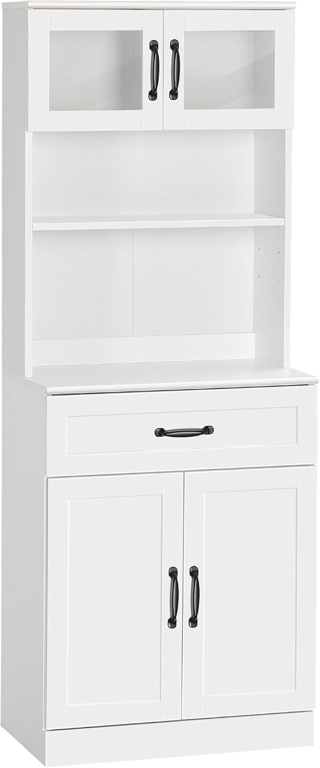 63.5in Premium Elegant 4-Door White Freestanding Kitchen Buffet Cabinet with Hutch Adjustable Shelves & Coffee Bar Modern Design