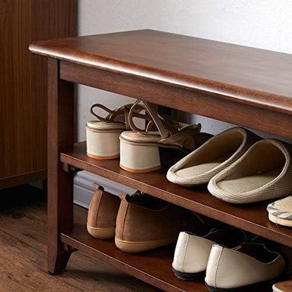 XKZG Shoe Rack Bench Wooden Shoe Storage Bench Entryway Bench, Brown, 39.4" | Rubber wood, Shoe Bench for Entryway, Living Room, Bedroom, Balcony, 39.4"W x 11.8"D x 16.5"H