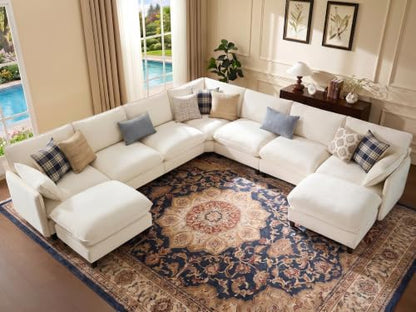Ihanherry 139" Oversized V-Shaped Modular Sectional Couch, 9-Seater Cloud Sofa with Corner & Movable Ottoman, Large Cushions, Chenille Deep Seat Living Room Furniture Set, Beige