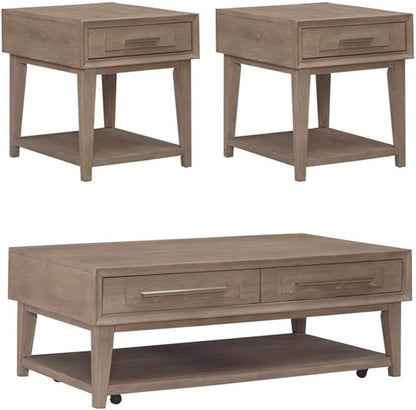 Pemberly Row 3-Piece Living Room Table Set, Sandstone Wood Finish, Includes Rectangular Cocktail Table with Casters and 2 End Tables, Open Bottom Shelves, Brushed Nickel Hardware, Contemporary Home