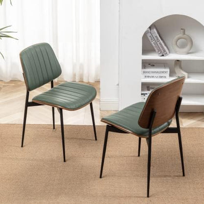 LUNLING Dining Chairs Set of 2 Mid Century Modern Retro Faux Leather Chair with Walnut Bentwood Upholstered Seat Metal Legs Chairs,Adjustable Foot for Kitchen Dining Room Chairs(Green)