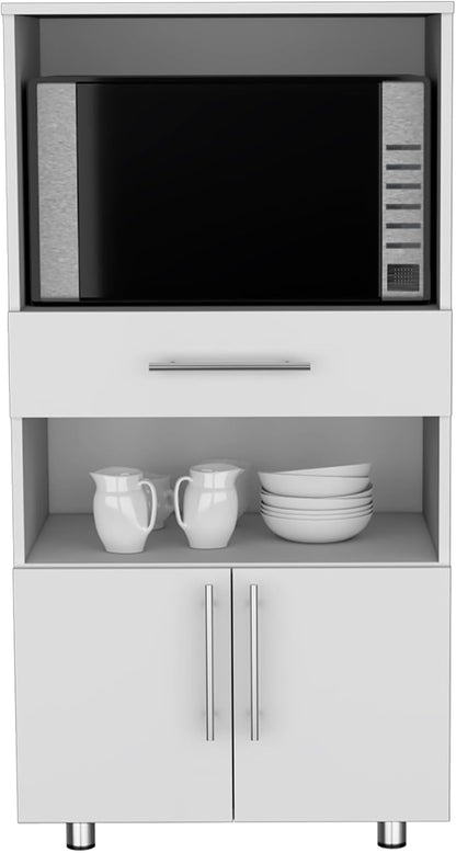 Kitchen Pantry 48" H, Two Open Storage Shelves, One for Microwave, Two Doors, Four Legs, White