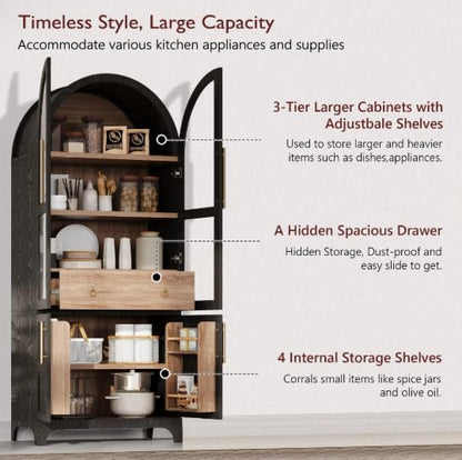 Arched Kitchen Pantry Cabinet, 71" Tall, Farmhouse Style, with Glass Door, Hidden Drawer, Open and Adjustable Shelves, for Kitchen, Dining Room