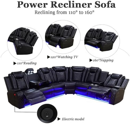 A Ainehome Power Recliner Sectional Sofa Set with LED Light, Leather Reclining Sectional Couches Corner Sectional Sofa Set with 2 Recliner Seats for Living Room with Cup Holder, Storage Console, Black