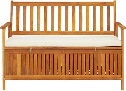 Patio Storage Bench Solid Acacia Wood Outdoor Garden Bench with Cushion, 47.2 Inch 2-Person Seating with Storage Chest for Hallway, Entryway, Backyard, Natural Brown Finish