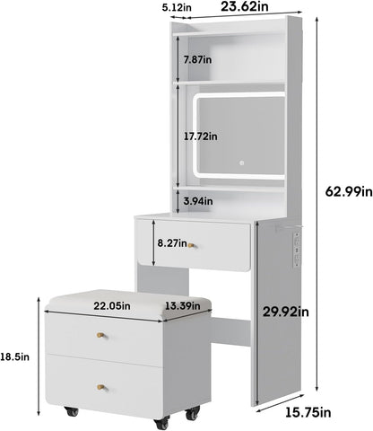 Make Up Vanity Desk with Mirror and Lights,Small Vanity With Storage Chair | White Vanity Table Set with Charger Station