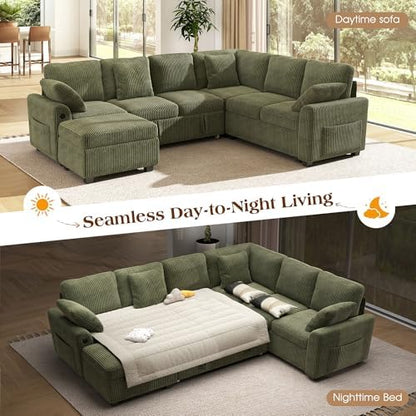 Ihanherry 7-Seater Large Sectional Sofa Bed with Storage Ottoman & Lovescat, Corduroy Modular Sleeper Sofa Set with USB Port & 4 Pillows, 106" U-Shaped Convertible Couch for Living Room（Green）