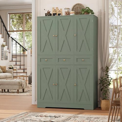 HOSTACK 67"H Farmhouse Kitchen Pantry Storage Cabinet with 3 Drawers, Green | Large Food Pantry Cabinet with Swing-Out Door Rack & Adjustable Shelf for Kitchen, Dining room, Living room