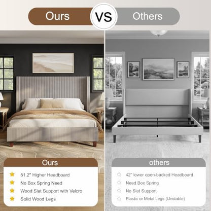 HOWE King Size Bed Frame with 50.8 Inch Corduroy Wingback Headboard, Taupe