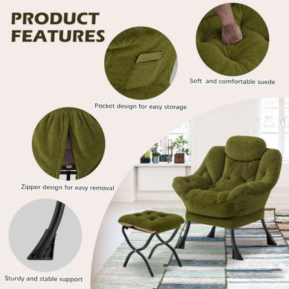 Lazy Chair with Folding Ottoman,Leisure Sofa Chair,Soft Fabric Armchair with Armrests and Side Pockets, Reading Chair with Footrest for Living Room, Bedroom, Office (Plush Green)
