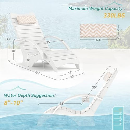Pool Lounge Chairs with Armrest & Cup Holder, 8-10in Shallow Water | HDPS Fade Resistant, Headrest, 330lbs Capacity, Outdoor Beach Deck Sun Tanning Lounger, White
