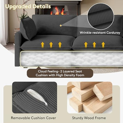 ROWHY 104'' Modular Sectional Cloud Couch with Movable Ottoman, 4 Seat Modern Corduroy Sofa, Deep Seat L Shaped Couch for Living Room Bedroom Apartment, Dark Grey