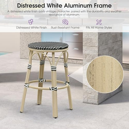 PURPLE LEAF Bar Stools 29" Round French Set of 2 Backless, Black | White Finish, Fade-Resistant Rattan Weave, Weather-Resistant Aluminum, Rustproof, Stackable Design, Wipe-Clean, No Assembly