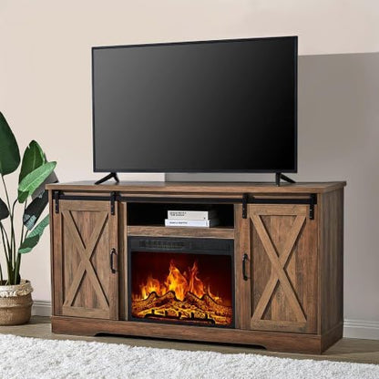 AMERLIFE Farmhouse 5 Piece Living Room Table Set, 59" TV Stand, Barnwood | TV Console for Living Room with 23" Electric Fireplace, 40" Coffee Table and 2 End Tables with Charging Station and USB Ports