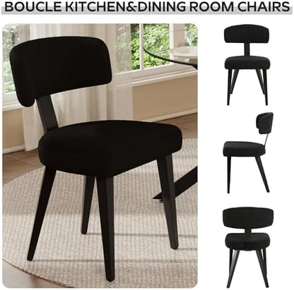 Boucle Chairs Set of 6, Modern Black Upholstered Dining Chairs with Black Metal Legs, Boucle Dining Chairs with Curved Backrest for Dining Room, Kitchen(Only Chairs)