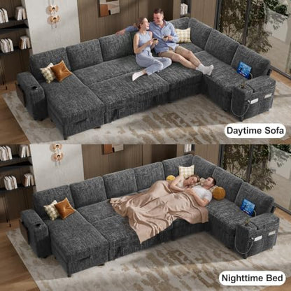 Vipbear 130" Modular Sectional Sleeper Sofa with Pull Out Bed, 9 Seat Chenille U Shaped Couch with Ottoman and Chaise|USB Ports|Cup Holders|Side Table, Tool Free Assembly, Grey