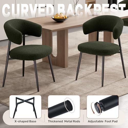 Dining Chairs Set of 6, Mid Century Modern Kitchen Chairs, Boucle Upholstered Dining Chair with Curved Backrest & Metal Legs for Kitchen Dining Room, Green