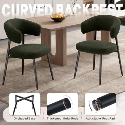 Dining Chairs Set of 6, Mid Century Modern Kitchen Chairs, Boucle Upholstered Dining Chair with Curved Backrest & Metal Legs for Kitchen Dining Room, Green