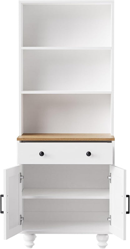 Farmhouse Kitchen Pantry Cabinet, 63'' Tall Storage Cabinet Wood Food Pantry with 2 Drawers & Adjustable Shelves, Kitchen Hutch Bookshelf for Dining Room (White)