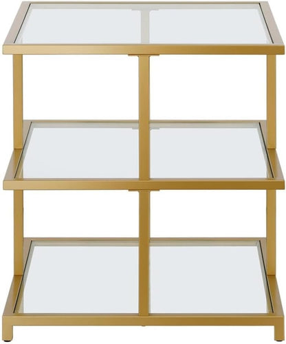 Pemberly Row Contemporary 22" Gold Finish Side Table, Handcrafted Metal Frame, Tempered Glass Shelves, Cantilevered Design, Modern Accent Table for Living Room, Family Room or Bedside