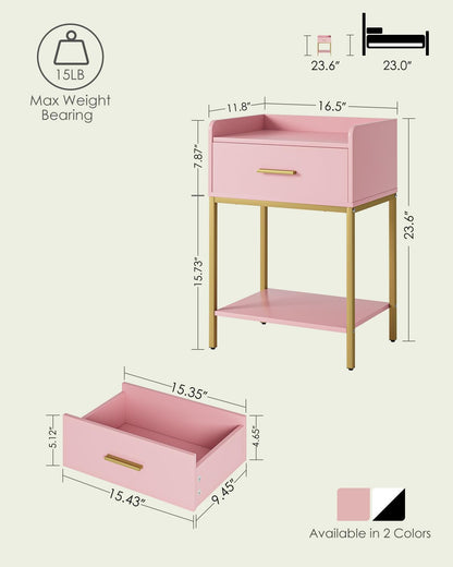 Nightstand, Modern Bedside Table with Drawer and Legs,Pink and Gold Night Stand with Open Shelf, Narrow Side Table for Bedroom, Living Room