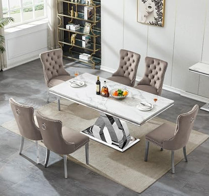 7 Piece Dining Table Set with Chairs, Faux Marble Dining Table and Gray Chair Set for 6, White Silver Dining Room Table Set with X-Shape Stainless Steel Base, Morden Kitchen Table and Chairs for 6