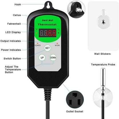 Digital Heat Mat Thermostat Temperature Controller (EMC Certified) for Seed Germination, Reptiles and Brewing Breeding Incubation Greenhouse, 42 °F to 108 °F/ 5 ℃ to 40 ℃, 1000W