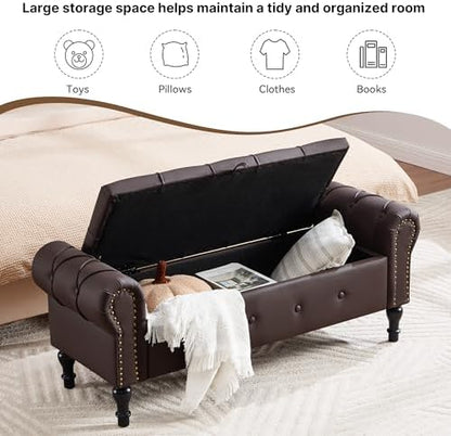 Storage Bench 51" Faux Leather End of Bed Benches Dark Brown | Queen Size Storage Bench for Bedroom with Rolled Arms Tufted Ottoman Benches Upholstered Bench for Living Room Entryway