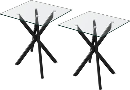 Modern Square End Table with Glass Top, Glass End Side Table for Living Room Office, 17.72 x 17.72 x 20.87 inches, Black Metal X-Base, Adjustable Feet (2, Black)