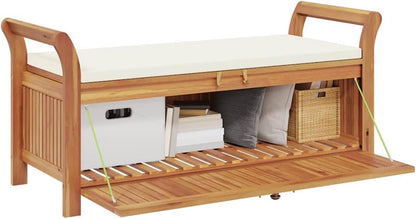 Outdoor Storage Bench with Cream Cushion, 49.6 Inch Acacia Wood Garden Seating with Under Seat Storage, Weather-Resistant Patio Entryway Furniture for Backyard Deck