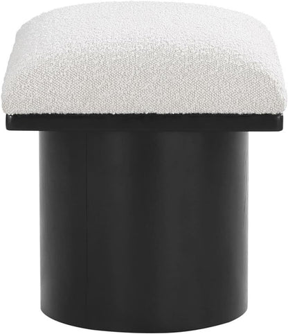 MAKLAINE Cream Boucle Fabric Bench/Stool, 15.5" W x 18" D x 17.5" H, Oak Veneer with Black Finish, 4" Thick Channel-Tufted Seat Cushion, Art Deco Design, Modular Living Room or Entryway Seating