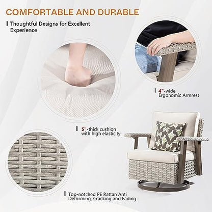 Joyside Outdoor 360° Swivel Rocker Patio Chairs Sets of 2 and Matching Side Table - 3 Piece Wicker Patio Bistro Set with Premium Fabric Cushion(Grey/Beige)