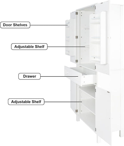 70.87" Tall Kitchen Pantry Storage Cabinet with 4 Doors and Drawer, White Wood Cupboard Locker with and Adjustable Shelves for Kitchen, Dining Room, Living Room, 29.53 inch
