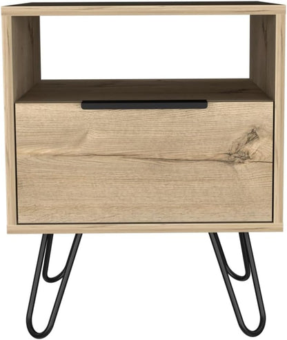 Nightstand 22" H, One Open Shelf, Single Door Cabient, Hairpin Legs, Light Oak,for Small Spaces