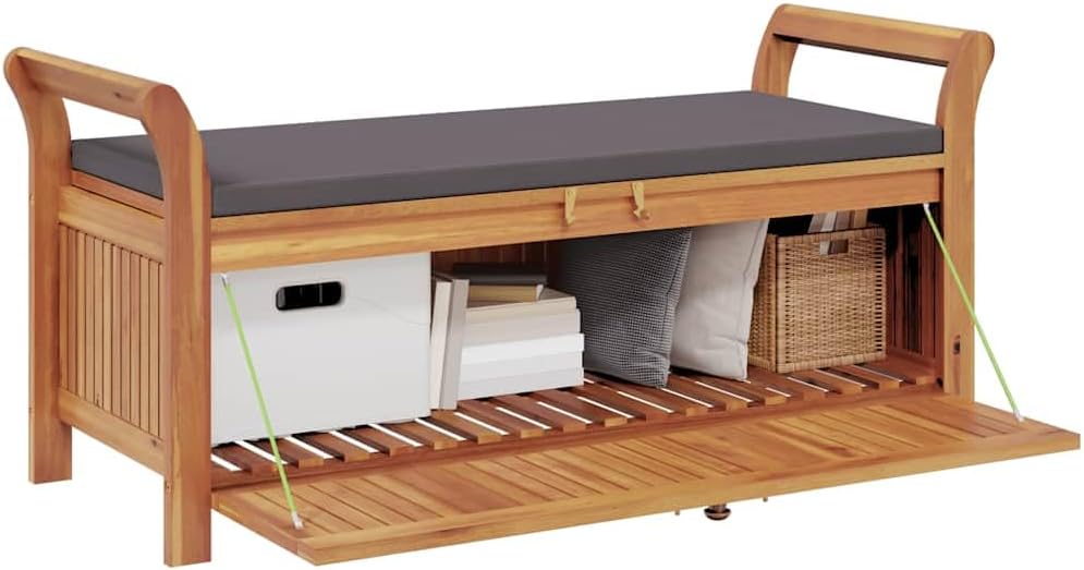 Garden Storage Bench with Dark Grey Cushion, Solid Acacia Wood Outdoor Storage Seat for Patio Balcony and Terrace, 2-Seater Wooden Deck Bench with Under-Seat Storage, Brown Finish