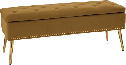 HULALA HOME Modern Velvet Storage Ottoman Bench with Gold Base & Nailhead Trim, Upholstered Bedroom Bench for End of Bed, Button-Tufted Footstool for Entryway Living Room Dining Room, Golden