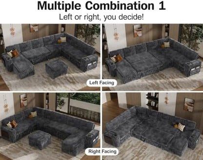 Vipbear 130" Modular Sectional Sleeper Sofa with Pull Out Bed, 9 Seat Corduroy L Shaped Couch with Ottoman and Chaise|USB Ports|Cup Holders|Side Table, Tool Free Assembly, Grey