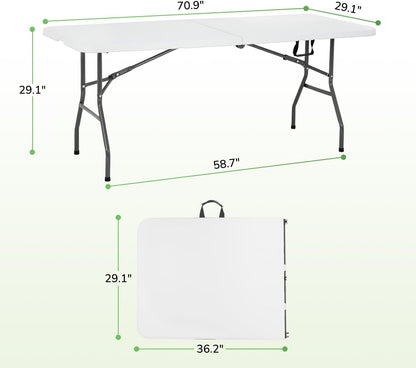 PayLessHere | 6FT Folding Table | Portable Plastic Table with Carry Handle | Waterproof & Foldable Table Design | Steel Frame with Lock | White | for Events, Camping, Indoor & Outdoor Use