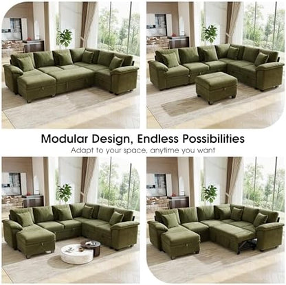 107.8" Modular Sectional Sleeper Sofa with Pull Out Bed, U Shaped 7 Seat Couch with 221L Storage, Convertible Cloud Couch Bed with Ottoman, Sectional Couches for Living Room, Apartment (Green)