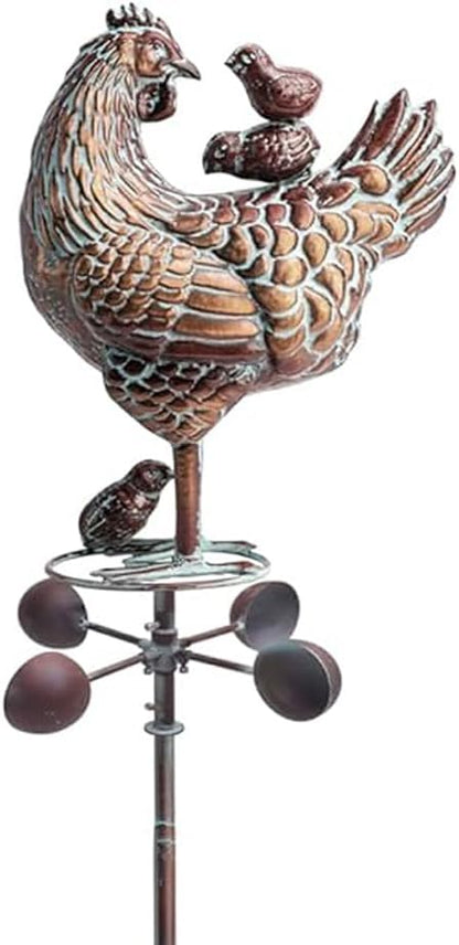 3D Large Metal Hen with Chicks Statue Wind Spinner,79" H Kinetic Garden Chicken Wind Sculpture,Mother Hen & Chicks Wind Vane,Metal Yard Art,Antique Copper Chicken Decorfor Outdoor Patio Lawn Yard