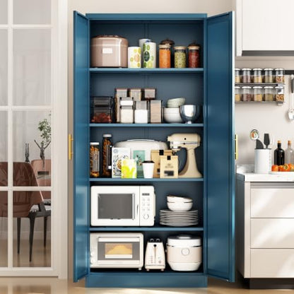 BESFUR 71" Tall Metal Storage Cabinet with 2 Doors and 4 Adjustable Shelves, Heavy Duty Kitchen Pantry Cabinet for Home Office, Kitchen, Garage and Dining Room, Blue,71”H x 27.5”W x 13.8”D