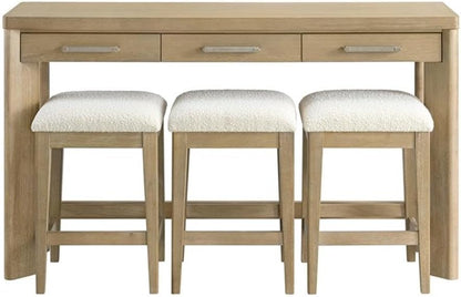 Pemberly Row Oak Console Table Set, Sand Dune Beige Finish, Solid Wood Construction with 3 Drawers & 3 Upholstered Stools, Coastal-Inspired Space-Saving Design for Entryway or Living Room