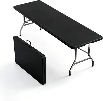 8FT Heavy Duty Folding Table,Fold-in-Half Portable Plastic Utility Table with Carry Handle&Locking Legs,Indoor Outdoor Table for Party,Tailgate,BBQ,Camping,Events,Backyard Dining–Black