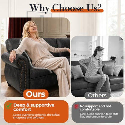 Couchus 88"W Living Room Furniture Sets, 3-Seater&Loveseat, Grey | Faux Leather Fabric Sofa and Couch Sets, Mid-Century Sofa Set with Nailhead Trim