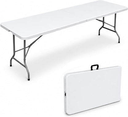 8ft Folding Table Heavy Duty 8 Foot Portable Foldable Table | Carry Handle, Fold-in-Half Design, Blow Molded Tabletop, Perfect for Party, Dining, Banquet, Picnic and Camping, White