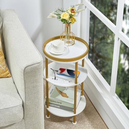 Small Round End Table with Charging Station, 3-Tier Accent Couch Beside Table with USB Ports & Power Outlets, Sofa Side Table for Living Room Small Nightstand Bedroom (USB Charger, White+Gold)