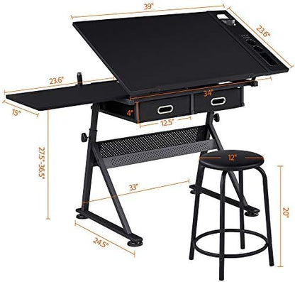 Yaheetech Adjustable Drafting Table Art Desk,Storage Drawers & Stool,Black | MDF tabletop tilts 0-60° on a metal frame for drawing, crafts, and homework, with two supply drawers and a matching stool.