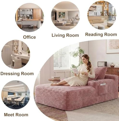 65" Oversized Chaise Lounge Chair Indoor, Chaise Lounge Chair with Cup Holders Side Pockets 3 Pillows, Cloud Corduroy Chaise Sofa Bed Sleeper Couches for Living Room No Assembly Require,Pink