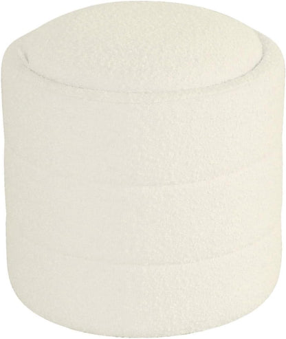 Storage Ottoman, 18 Inch Round Removable Lid, White Boucle Fabric