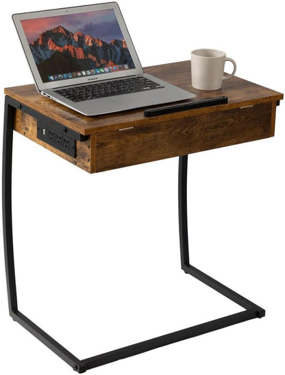 Hadulcet C Shaped End Table with Charging Station, Tiltable 0-52° | TV Tray Table Couch Tables That Slide Under, C Table End Table with Storage, Small Table Couch Desk for Small Spaces, Brown